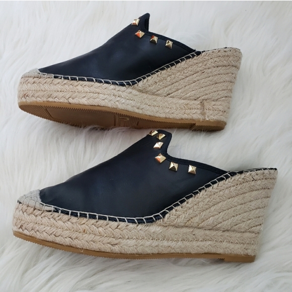 Vidoretta Black Leather Studded Raffia Jute Wedge Sandals Size 11 - Picture 3 of 11